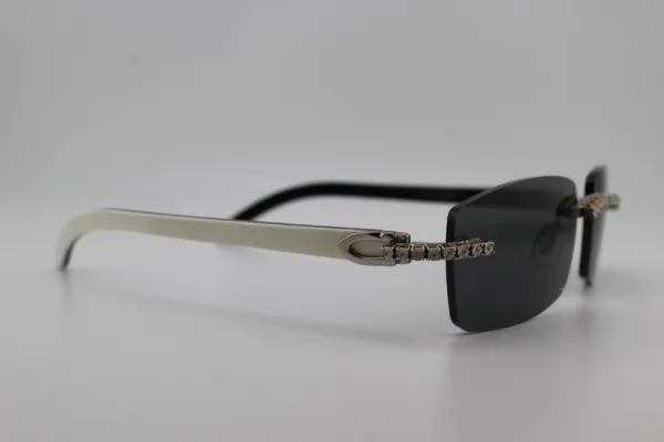 Luxury handcrafted white buffalo horn sunglasses featuring genuine diamonds set in diamond cut sterling silver discs with prong setting, white genuine horn temples, and 55mm dark tint UV400 lenses - custom functional face art made in Michigan