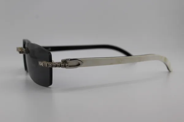 Luxury handcrafted white buffalo horn sunglasses featuring genuine diamonds set in diamond cut sterling silver discs with prong setting, white genuine horn temples, and 55mm dark tint UV400 lenses - custom functional face art made in Michigan