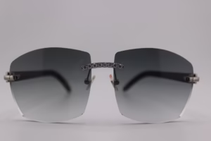 Handcrafted white buffalo horn sunglasses featuring endless iced nose bridge with sparkling stones, genuine white ox horn temples, and 58mm grey tint UV400 protection lenses - custom functional face art made in Michigan