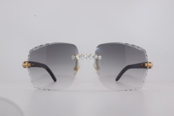 Handcrafted buffalo horn sunglasses featuring 2.2 carat VVS1 moissanite stones in low-profile prong setting on nose bridge, black genuine horn temples, and 58mm grey tint diamond cut lenses - one-of-a-kind functional face art made in Michigan