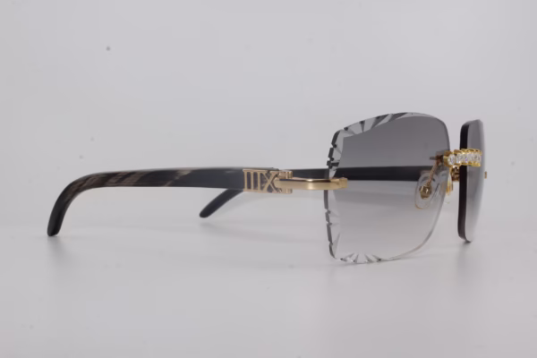 Handcrafted buffalo horn sunglasses featuring 2.2 carat VVS1 moissanite stones in low-profile prong setting on nose bridge, black genuine horn temples, and 58mm grey tint diamond cut lenses - one-of-a-kind functional face art made in Michigan
