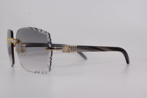 Handcrafted buffalo horn sunglasses featuring 2.2 carat VVS1 moissanite stones in low-profile prong setting on nose bridge, black genuine horn temples, and 58mm grey tint diamond cut lenses - one-of-a-kind functional face art made in Michigan