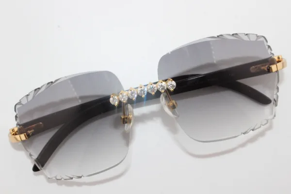 Handcrafted buffalo horn sunglasses featuring 2.2 carat VVS1 moissanite stones in low-profile prong setting on nose bridge, black genuine horn temples, and 58mm grey tint diamond cut lenses - one-of-a-kind functional face art made in Michigan